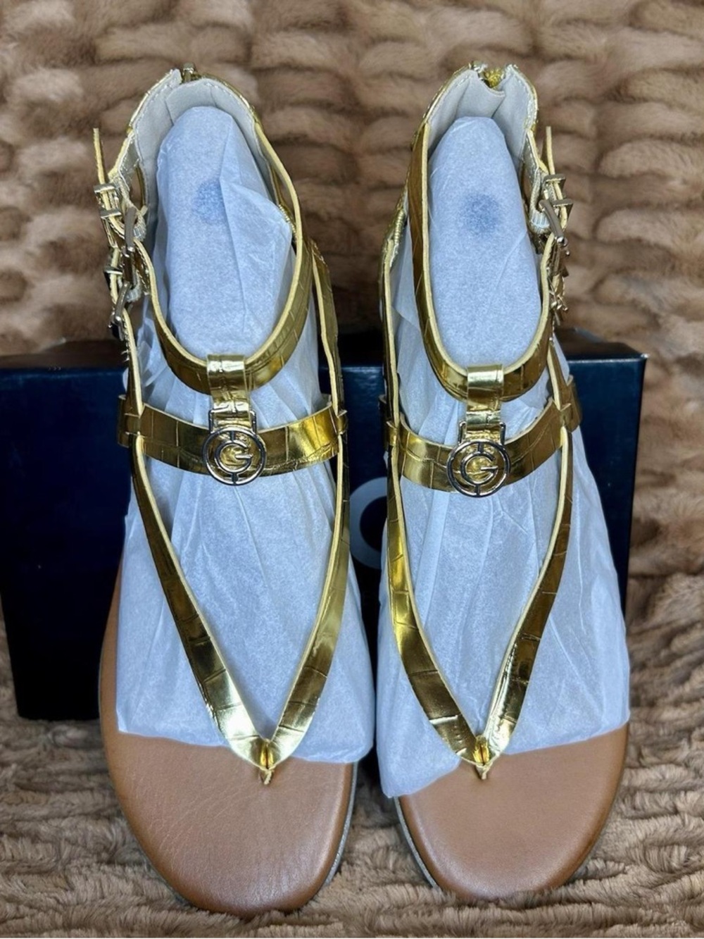 GBG Los Angeles Metallic Gold T-Strap Sandals